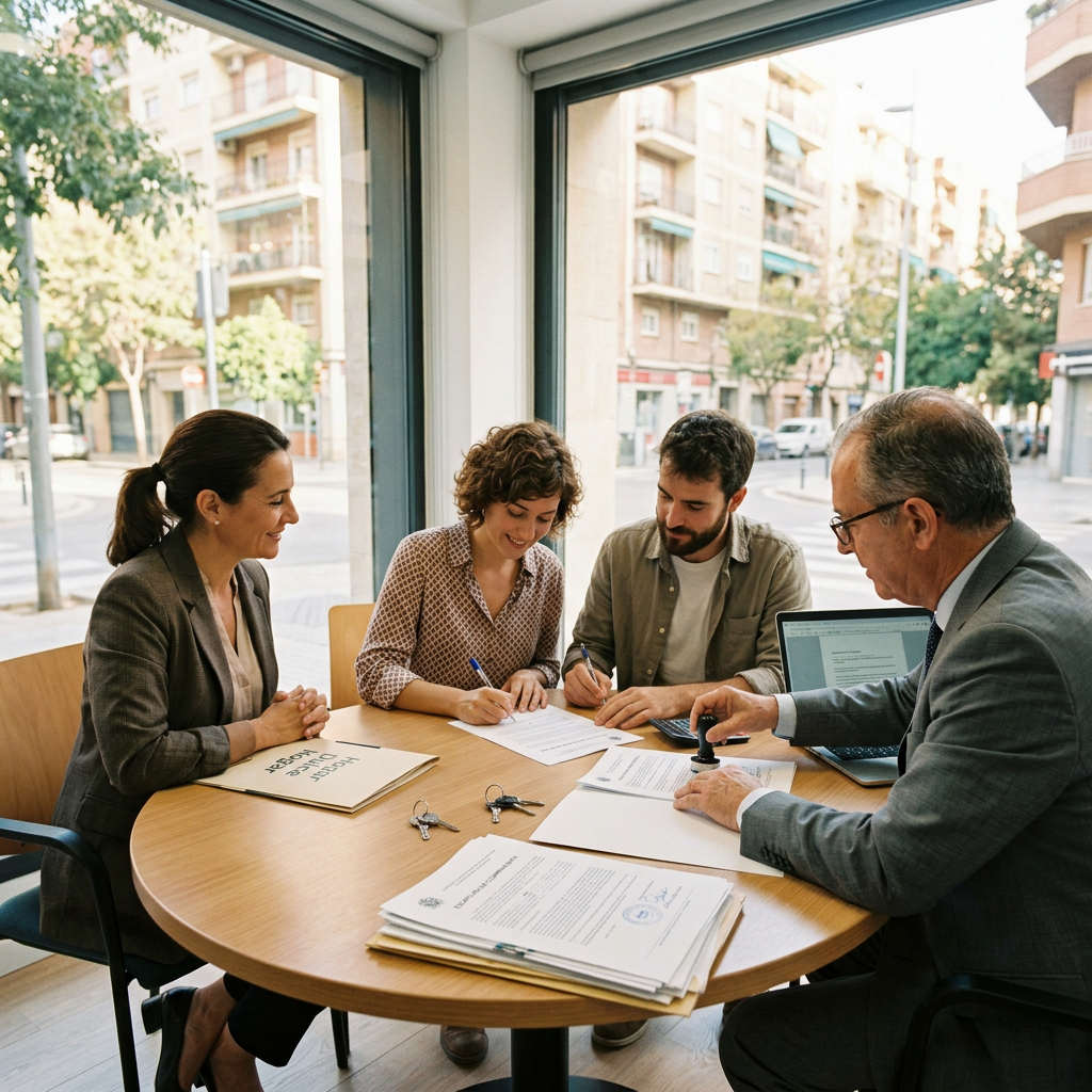 Four people reviewing and signing documents around an office table